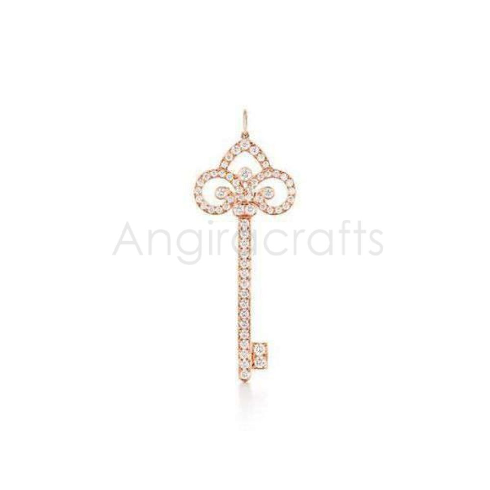 925 Sterling Silver Key Pendant with Diamond Accents | Rose Gold Plated Vintage Key Charm Pendant