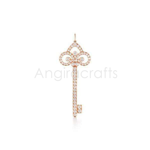 925 Sterling Silver Key Pendant with Diamond Accents | Rose Gold Plated Vintage Key Charm Pendant