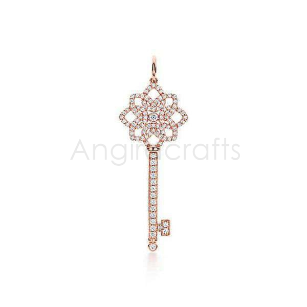 925 Sterling Silver Floral Key Pendant with Diamond Accents | Rose Gold Plated Vintage Key Charm