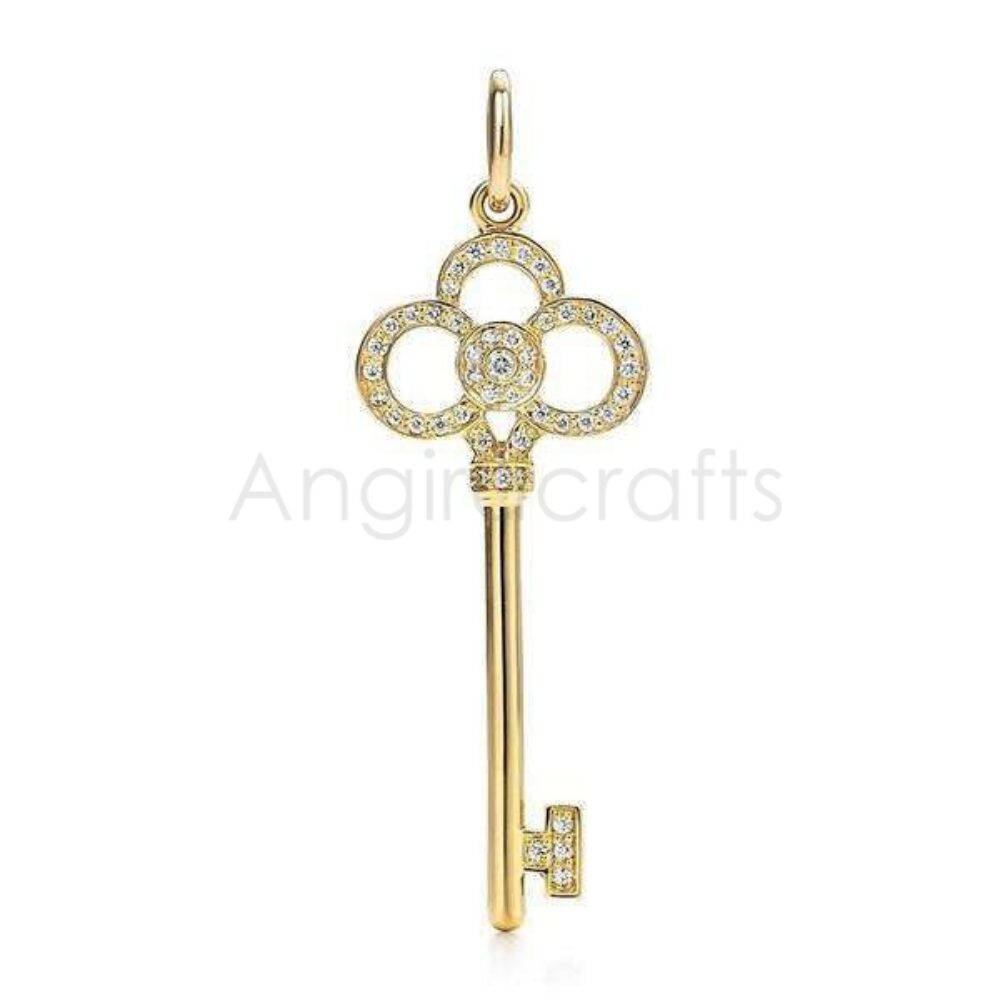 925 Sterling Silver Clover Key Pendant with Diamond Accents | Gold Plated Lucky Key Charm