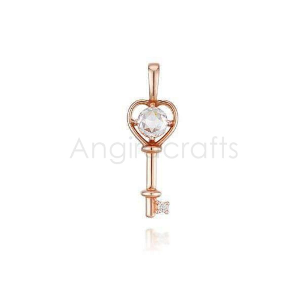 925 Sterling Silver Heart Key Pendant with Diamond Accent | Rose Gold Plated Love Key Charm