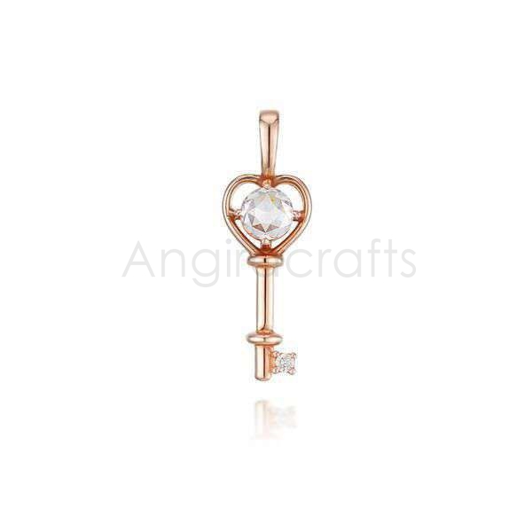 925 Sterling Silver Heart Key Pendant with Diamond Accent | Rose Gold Plated Love Key Charm