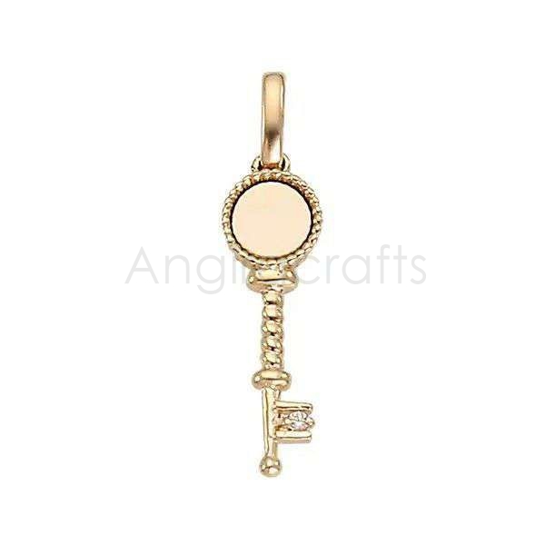 925 Sterling Silver Vintage Key Pendant with Diamond Accent | Gold Plated Minimal Key Charm