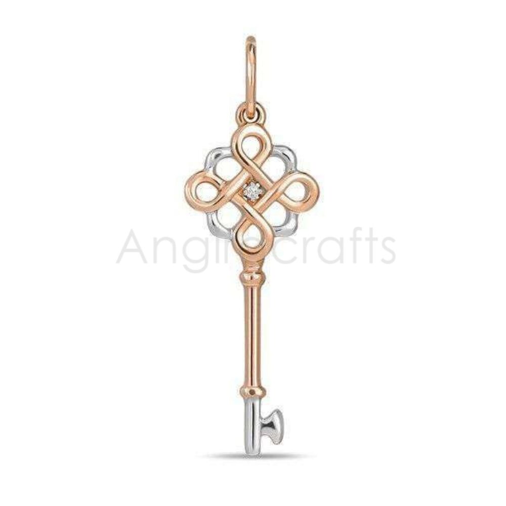 925 Sterling Silver Infinity Knot Key Pendant with Diamond Accent | Two-Tone Rose Gold & Silver Key Charm