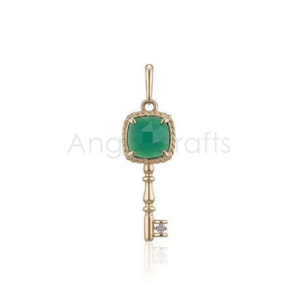 925 Sterling Silver Green Stone Key Pendant with Diamond Accent | Gold Plated Vintage Key Charm