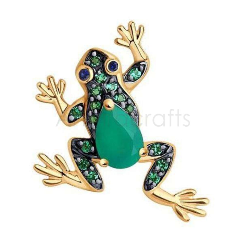 925 Sterling Silver Frog Pendant with Tsavorite / Emerald Stones | Gold Plated Luxury Animal Charm