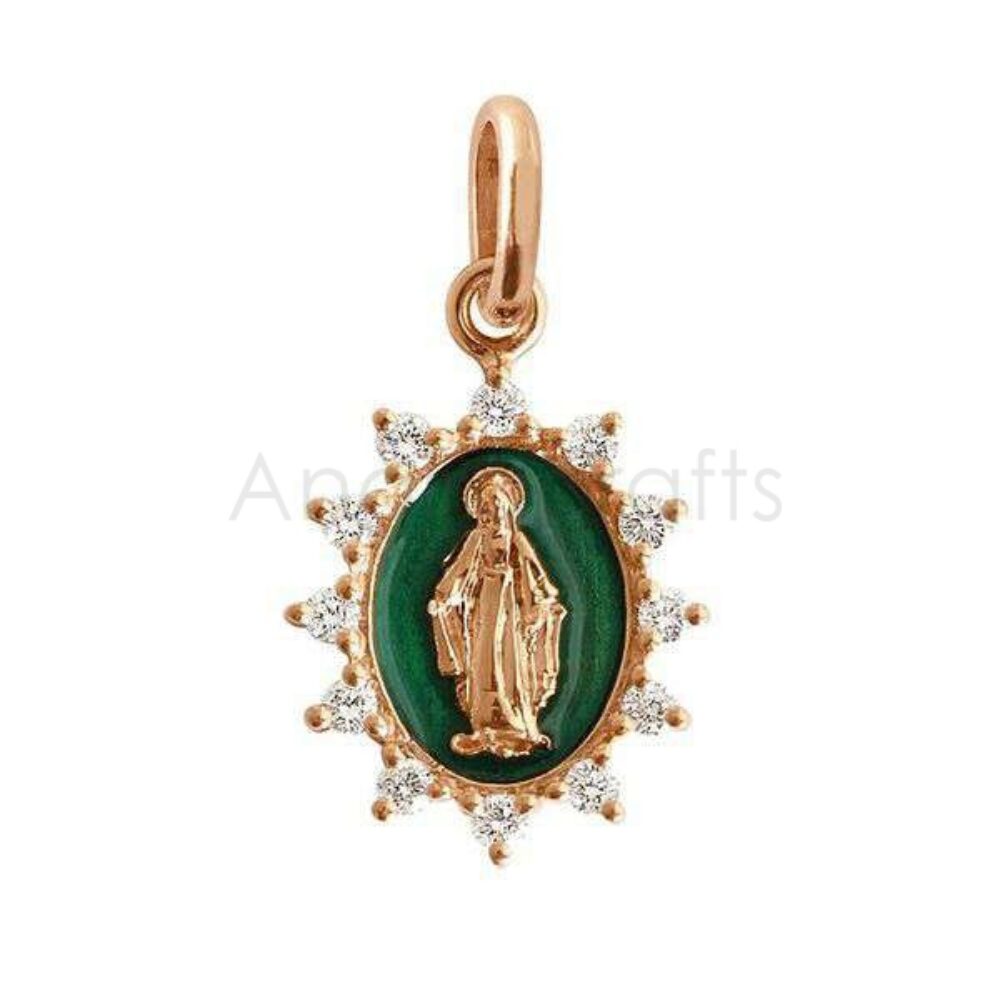 925 Sterling Silver Virgin Mary Pendant with Green Enamel & Diamond Halo | Gold Plated Religious Medallion