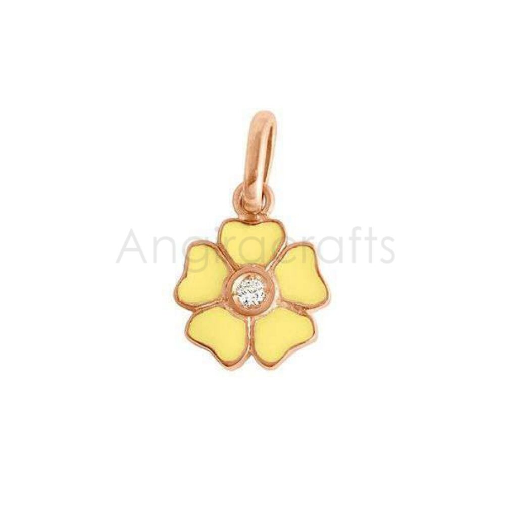 925 Sterling Silver Yellow Enamel Flower Pendant with Diamond Center | Rose Gold Plated Floral Charm