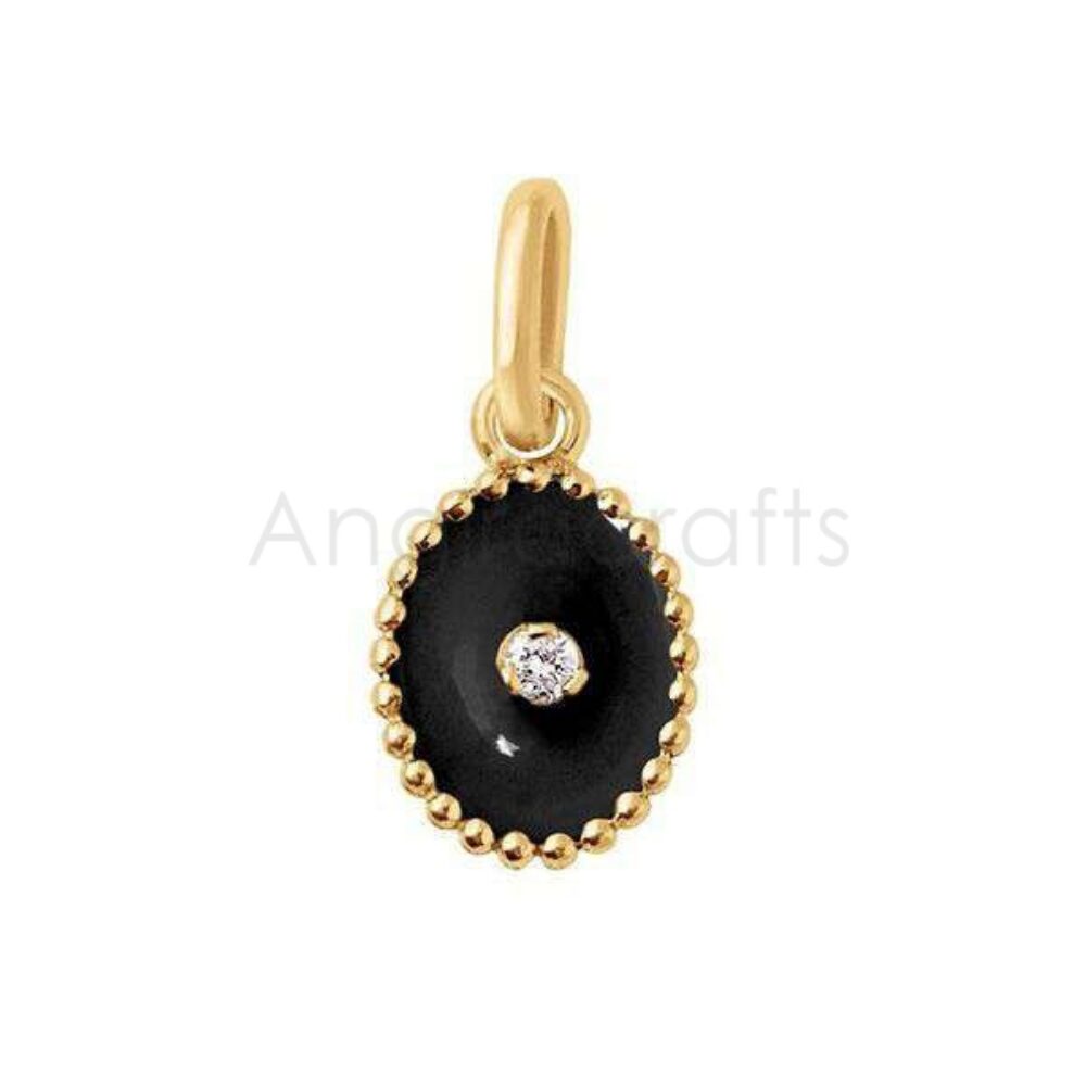 925 Sterling Silver Black Enamel Oval Pendant with Diamond Center | Gold Plated Minimal Charm