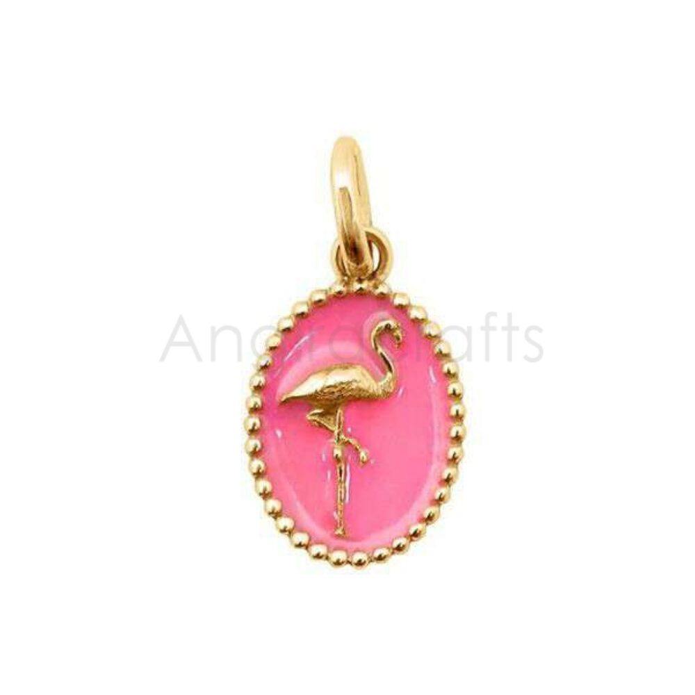 925 Sterling Silver Flamingo Pendant with Pink Enamel | Gold Plated Oval Charm