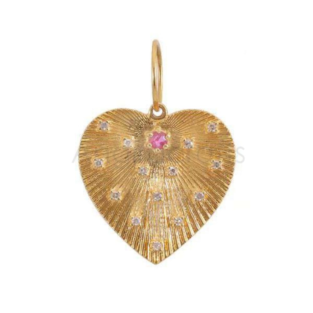 925 Sterling Silver Diamond Heart Pendant with Pink Stone – Radiant Textured Design