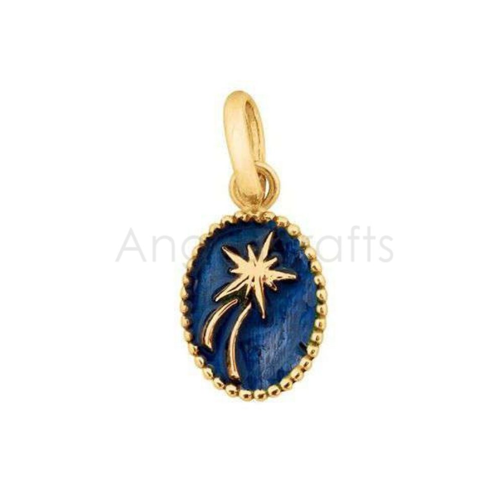 925 Sterling Silver Starburst Pendant with Blue Enamel | Gold Plated Celestial Oval Charm
