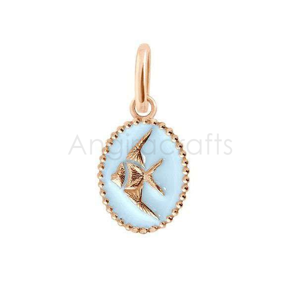 925 Sterling Silver Fish Pendant with Light Blue Enamel | Gold Plated Oval Marine Charm