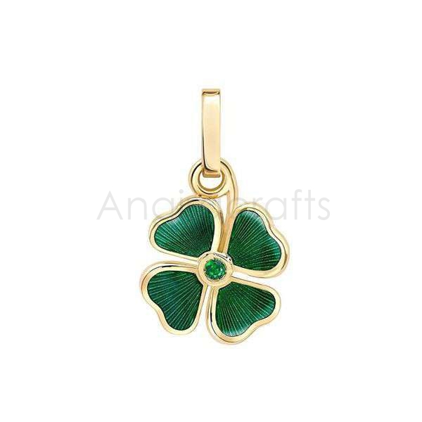 925 Sterling Silver Four Leaf Clover Pendant with Green Enamel & Emerald | Gold Plated Lucky Charm