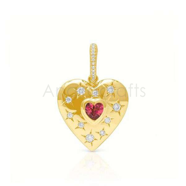 925 Sterling Silver Heart Pendant with Ruby Center & Diamond Accents | Gold Plated Love Charm