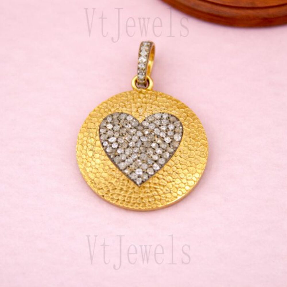 Pave diamond Heart Disc Pendant in 925 Sterling Silver