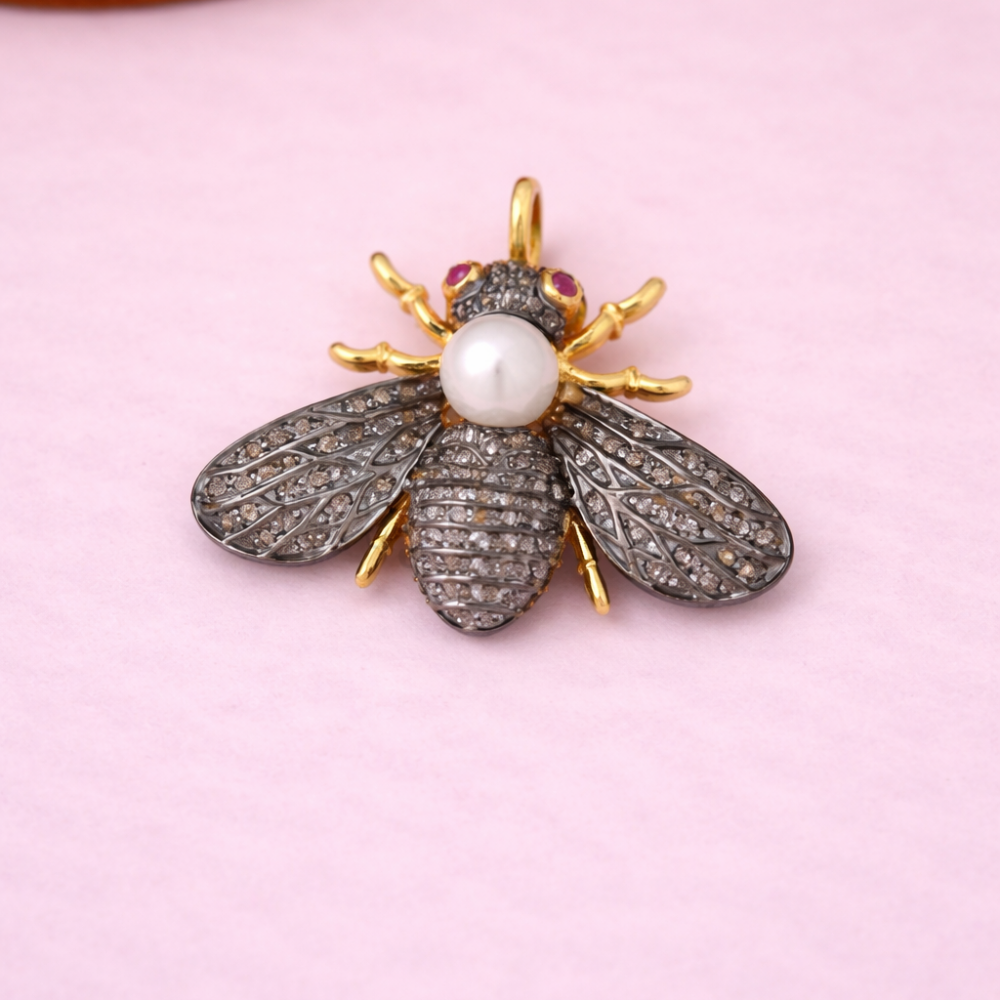 925 Sterling Silver Pearl & Diamond Bee Pendant