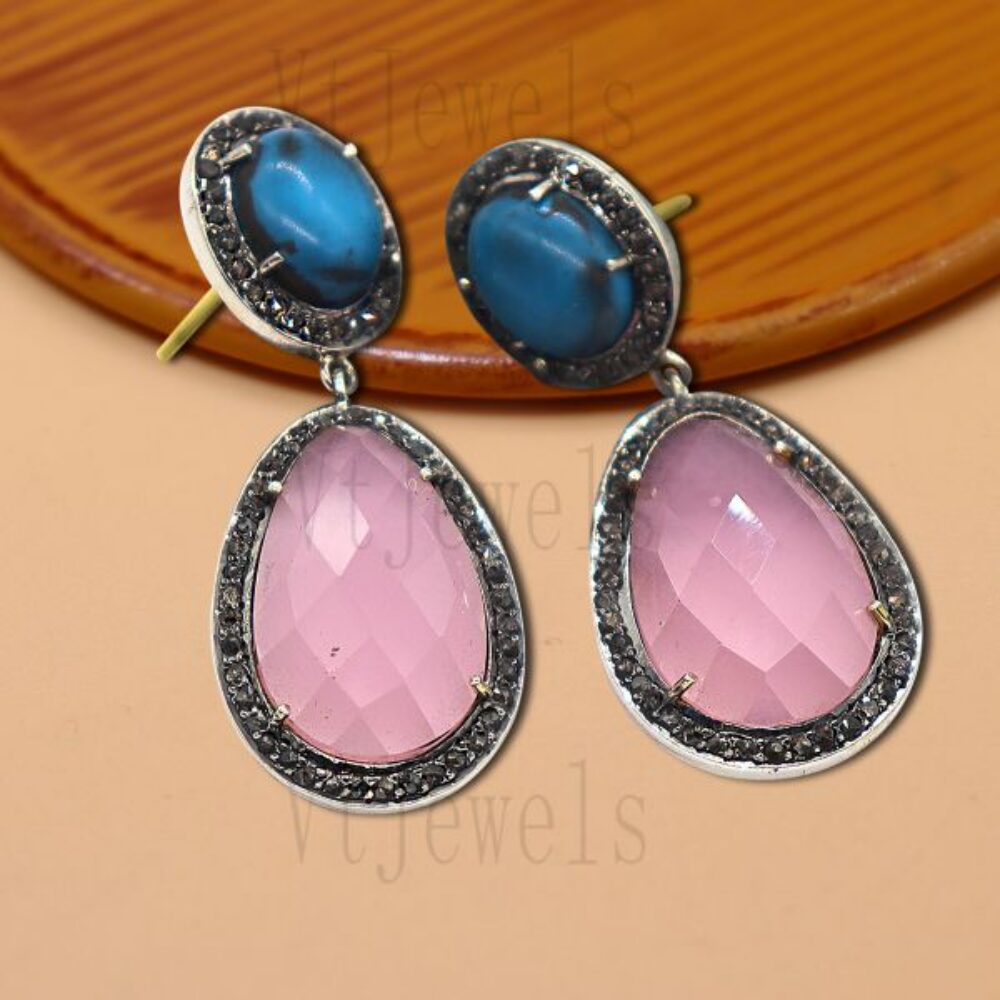 Pink Rose Quartz & Blue Turquoise 925 Sterling Silver Drop Earrings