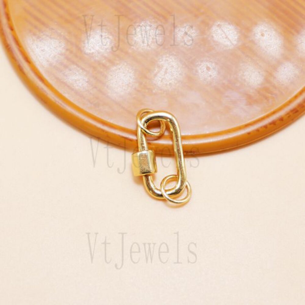 Gold Plated Oval Carabiner Lock, 925 Sterling Silver Double Ring Clasp