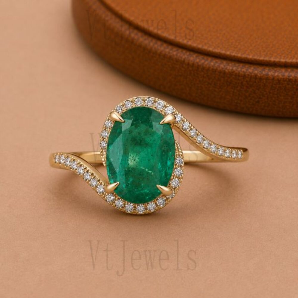 925 Sterling Silver Oval Emerald Bypass Halo Ring