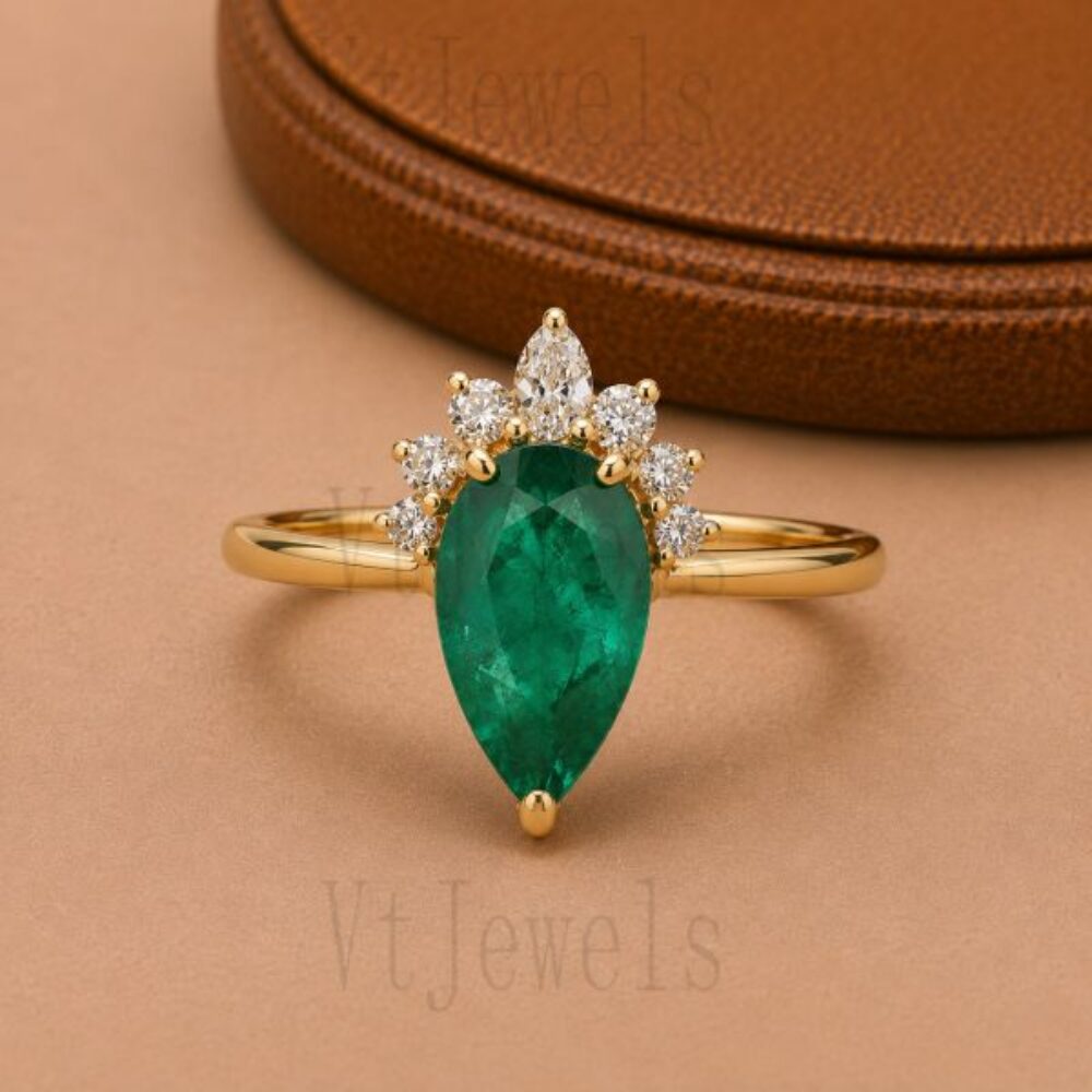 925 Sterling Silver Pear Emerald Tiara Crown Ring