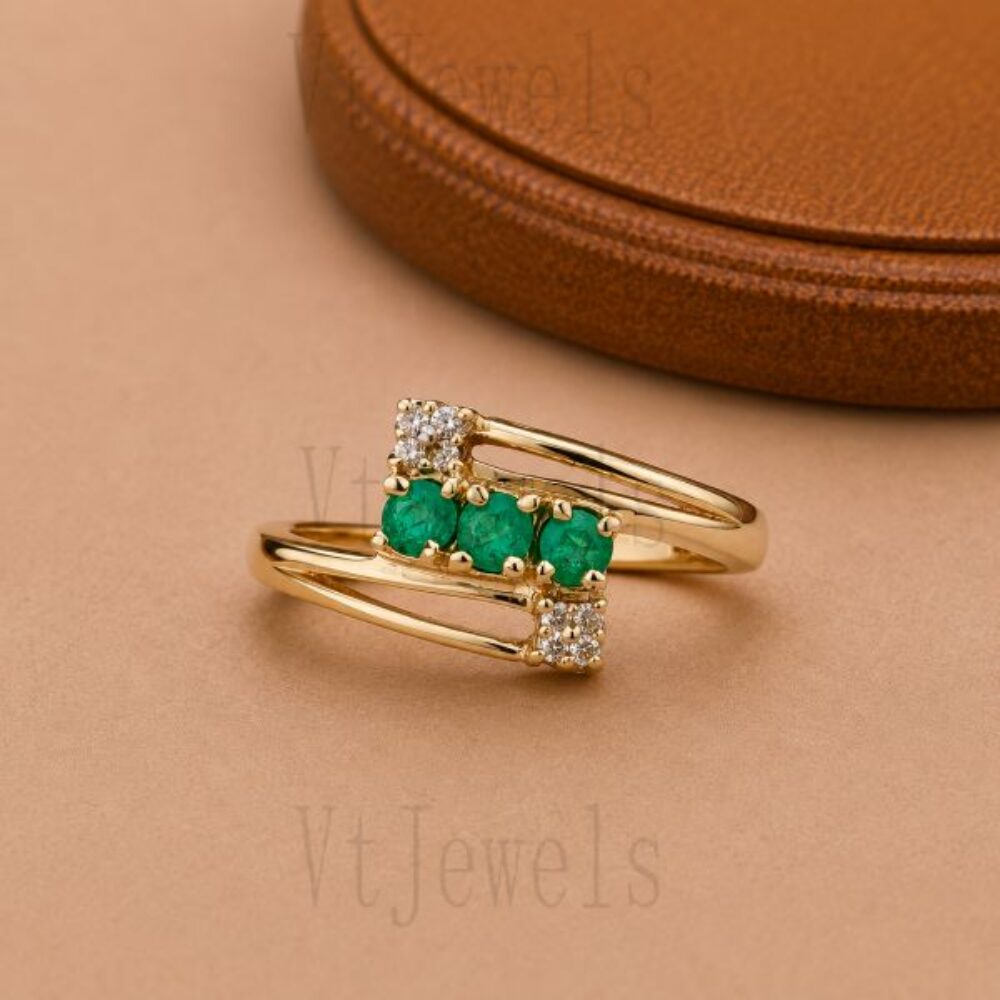 925 Sterling Silver Three-Stone Emerald Bypass Ring