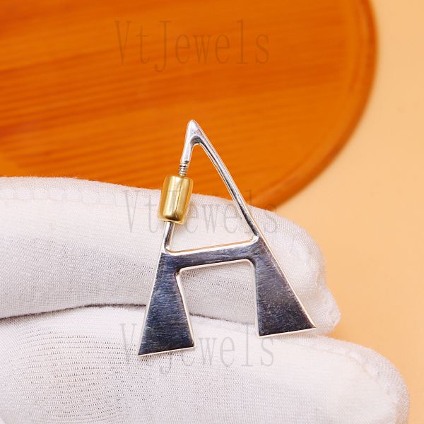 Letter A Initial Carabiner Lock, Two-Tone 925 Sterling Silver Screw Clasp - Image 3