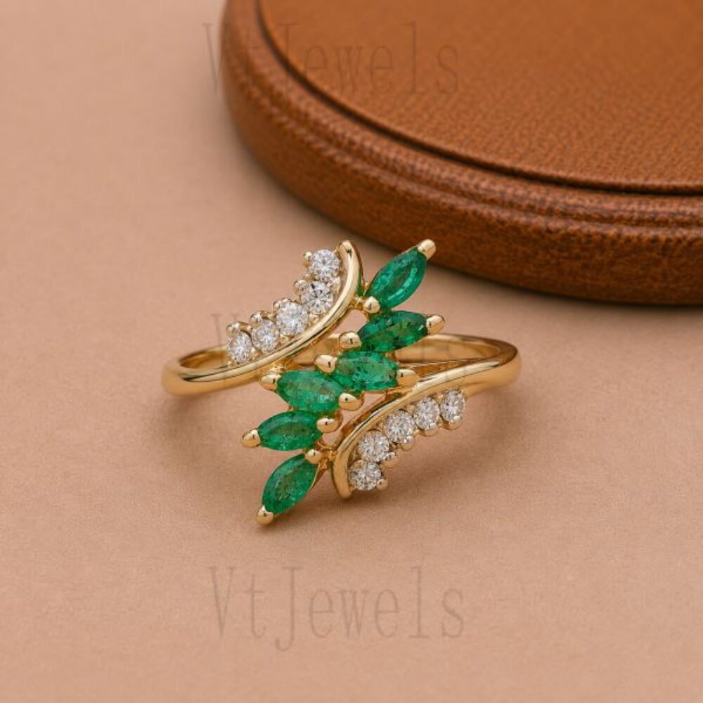 925 Sterling Silver Marquise Emerald Wave Cluster Ring