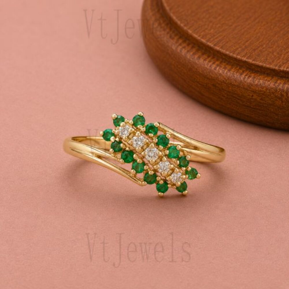 925 Sterling Silver Emerald and Diamond Pave Bypass Ring