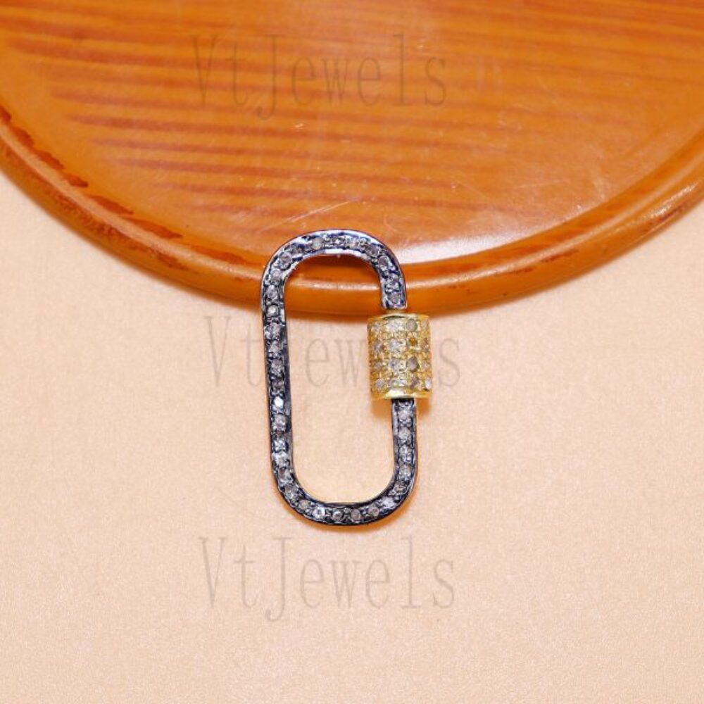 Pave Diamond Carabiner Lock, Two-Tone 925 Sterling Silver Screw Gate Clasp