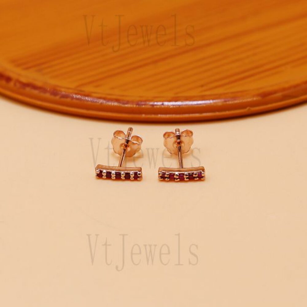 925 Sterling Silver Ruby Red Gemstone Bar Stud Earrings