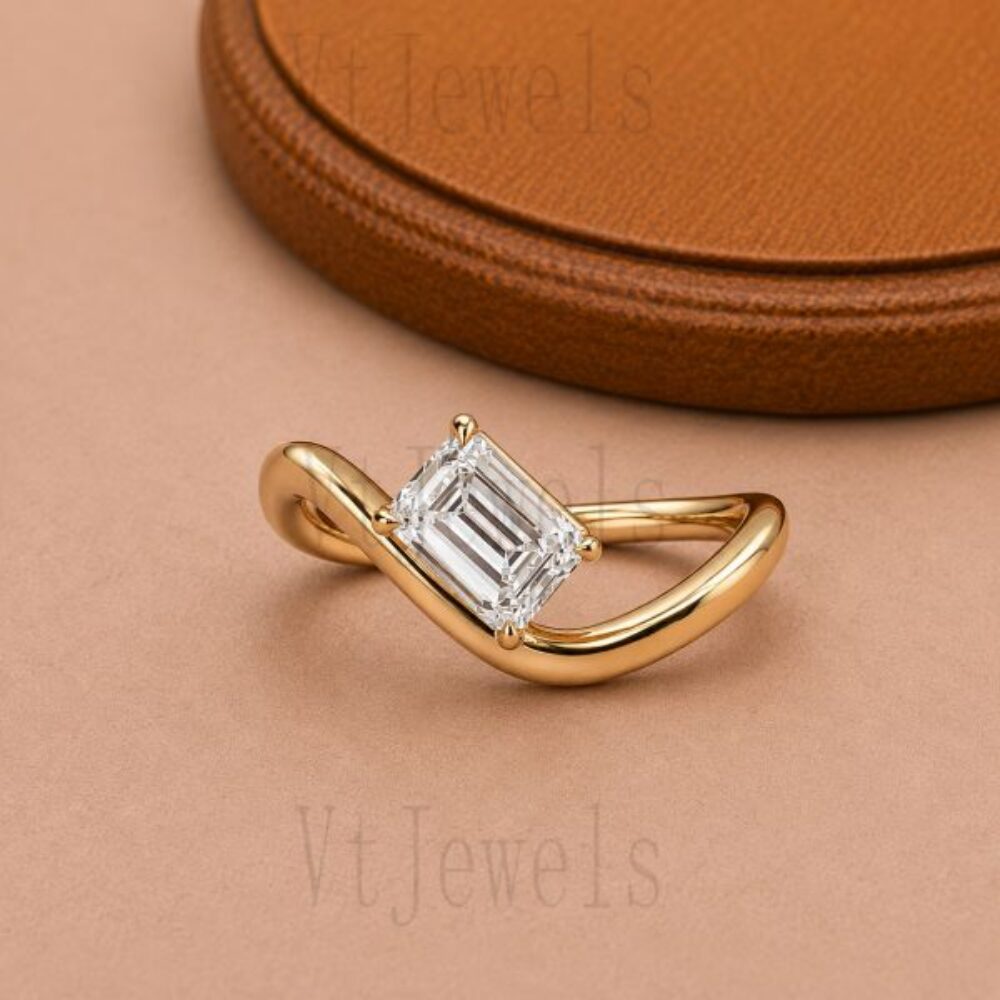 925 Sterling Silver Emerald Cut Moissanite Wave Ring