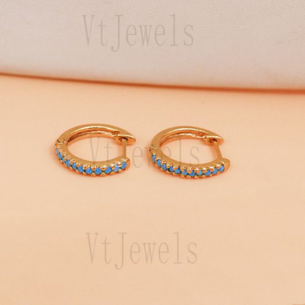 925 Sterling Silver Gold Plated Turquoise Pave diamond Hoop Earrings