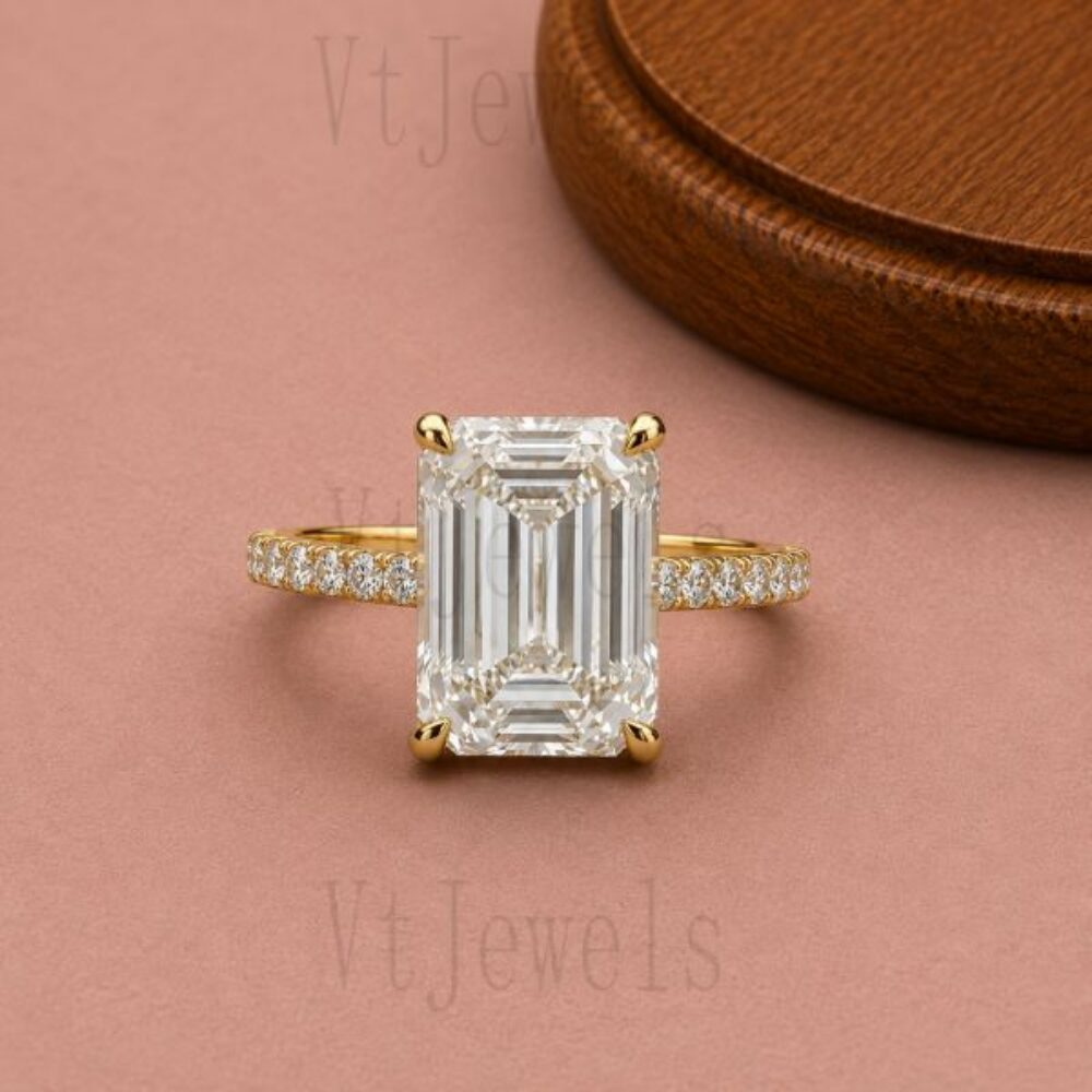 925 Sterling Silver Emerald Cut Moissanite Pave diamond Band Ring