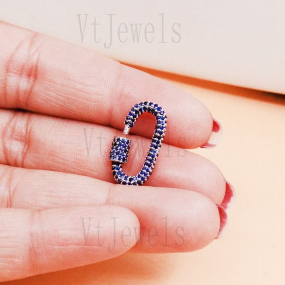 925 Sterling Silver Blue Sapphire Pave diamond Carabiner Lock