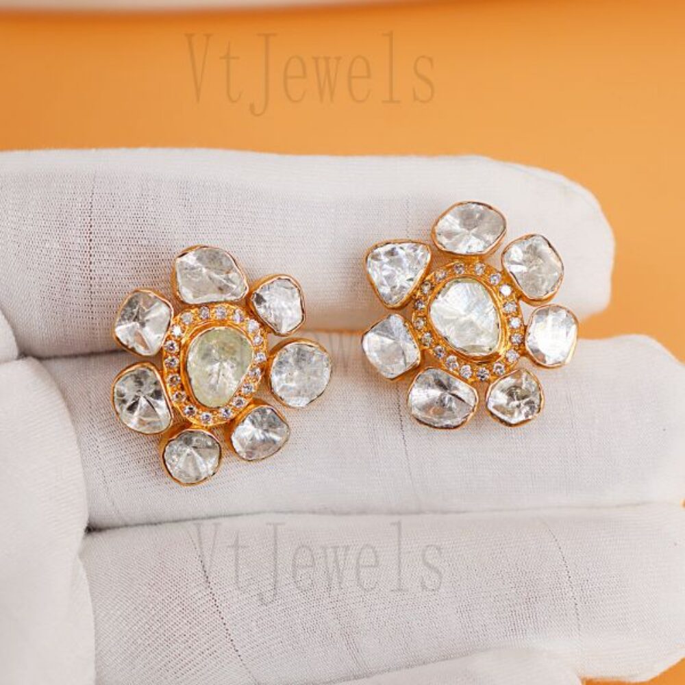 925 Sterling Silver Gold Plated Pave diamond Floral Stud Earrings