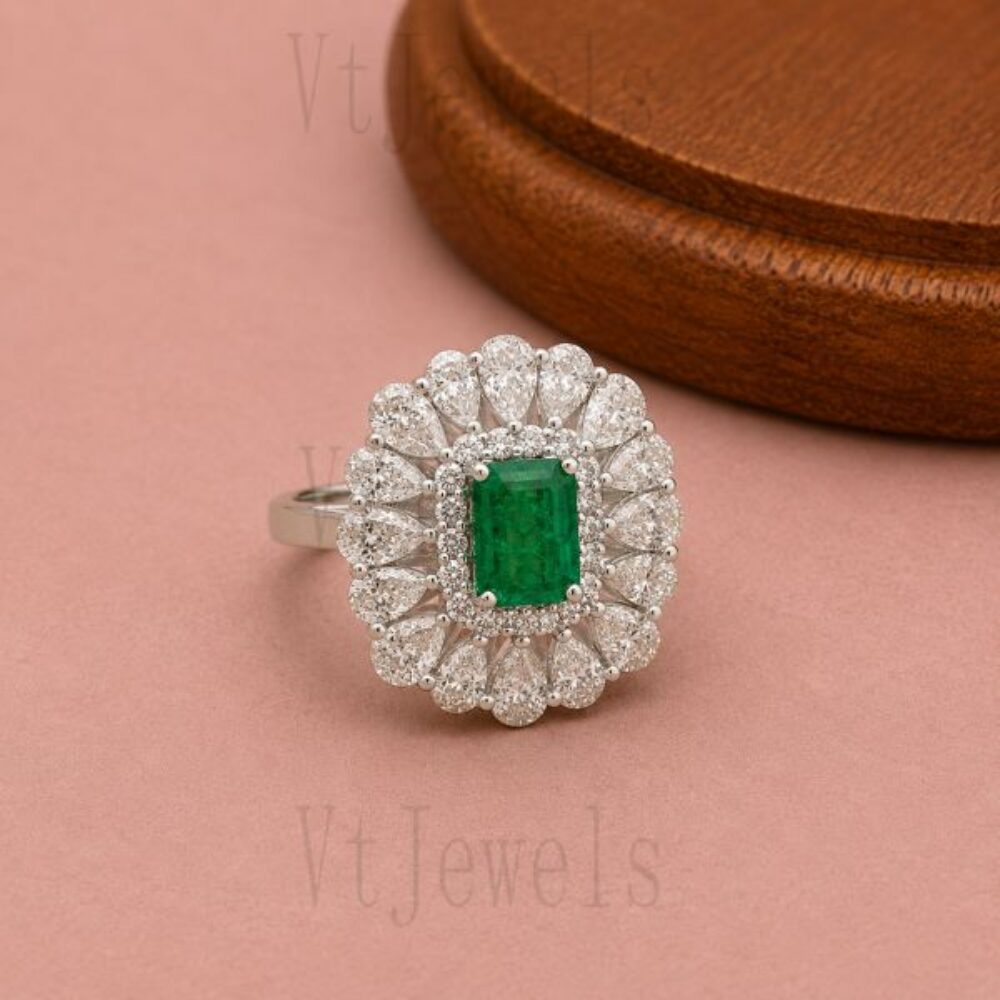 925 Sterling Silver Emerald Cut Emerald Sunburst Halo Ring