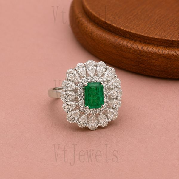 925 Sterling Silver Emerald Cut Emerald Sunburst Halo Ring