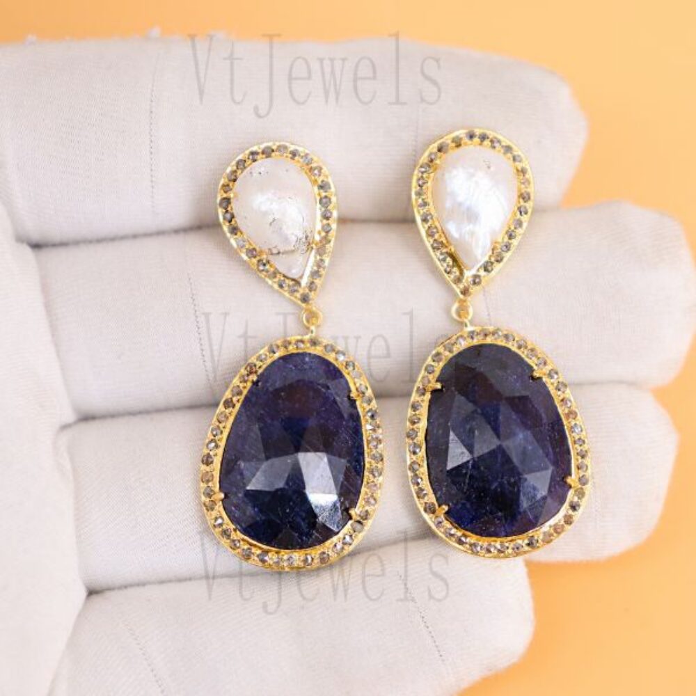 925 Sterling Silver Gold Plated Sapphire Blue & Pearl Tiered Drop Earrings