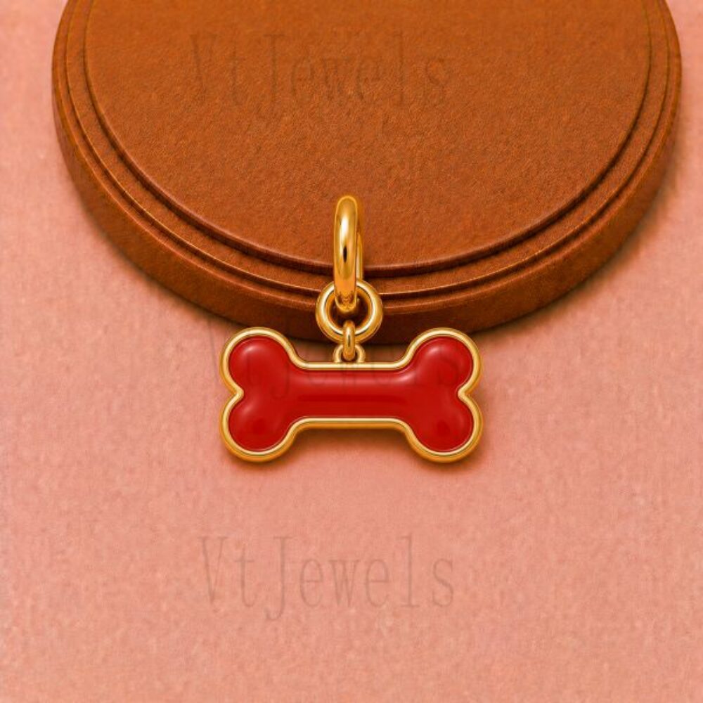 Gold Plated 925 Sterling Silver Red Enamel Dog Bone Pendant Charm