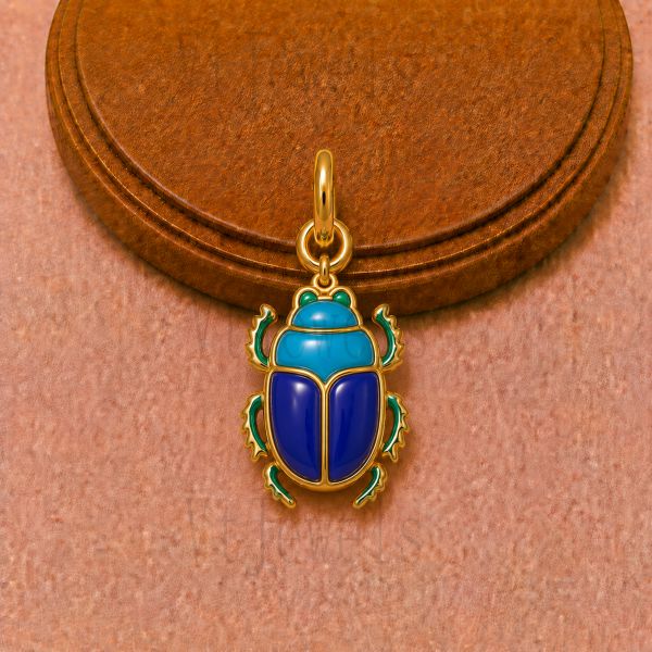 Gold Plated 925 Sterling Silver Blue and Green Enamel Scarab Beetle Pendant