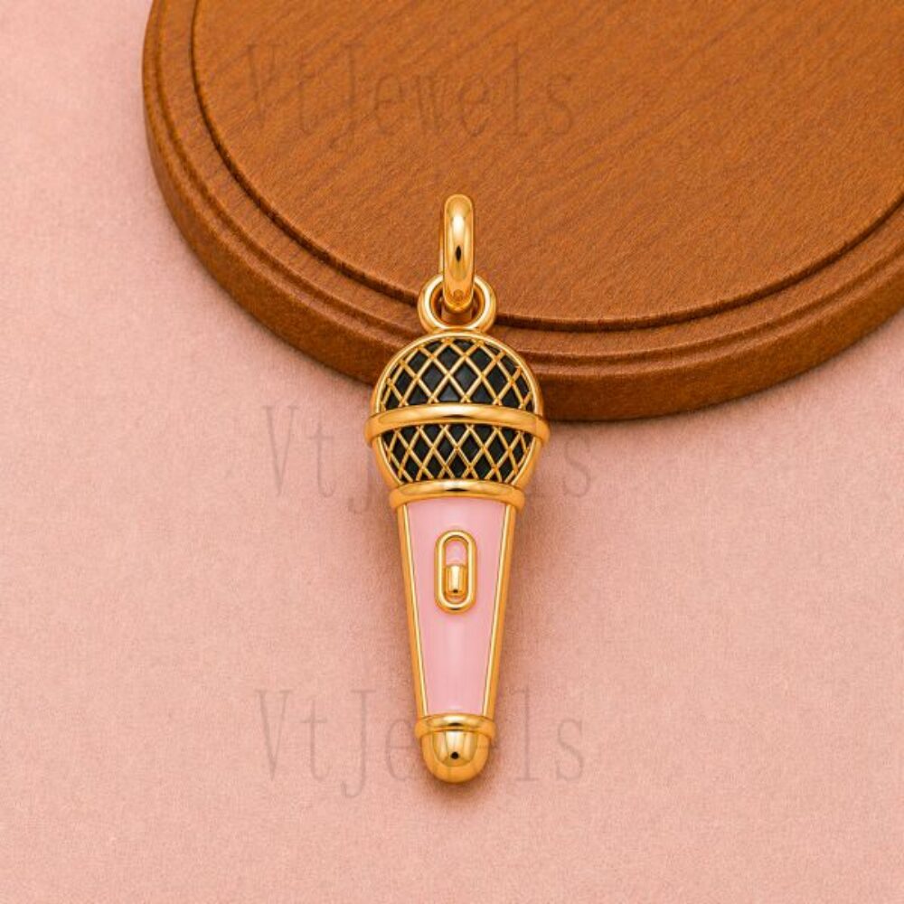 Gold Plated 925 Sterling Silver Pink and Black Enamel Microphone Pendant Charm