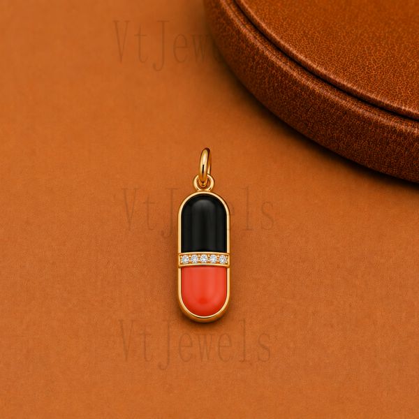 Gold Plated 925 Sterling Silver Black and Red Enamel Pill Capsule Pendant