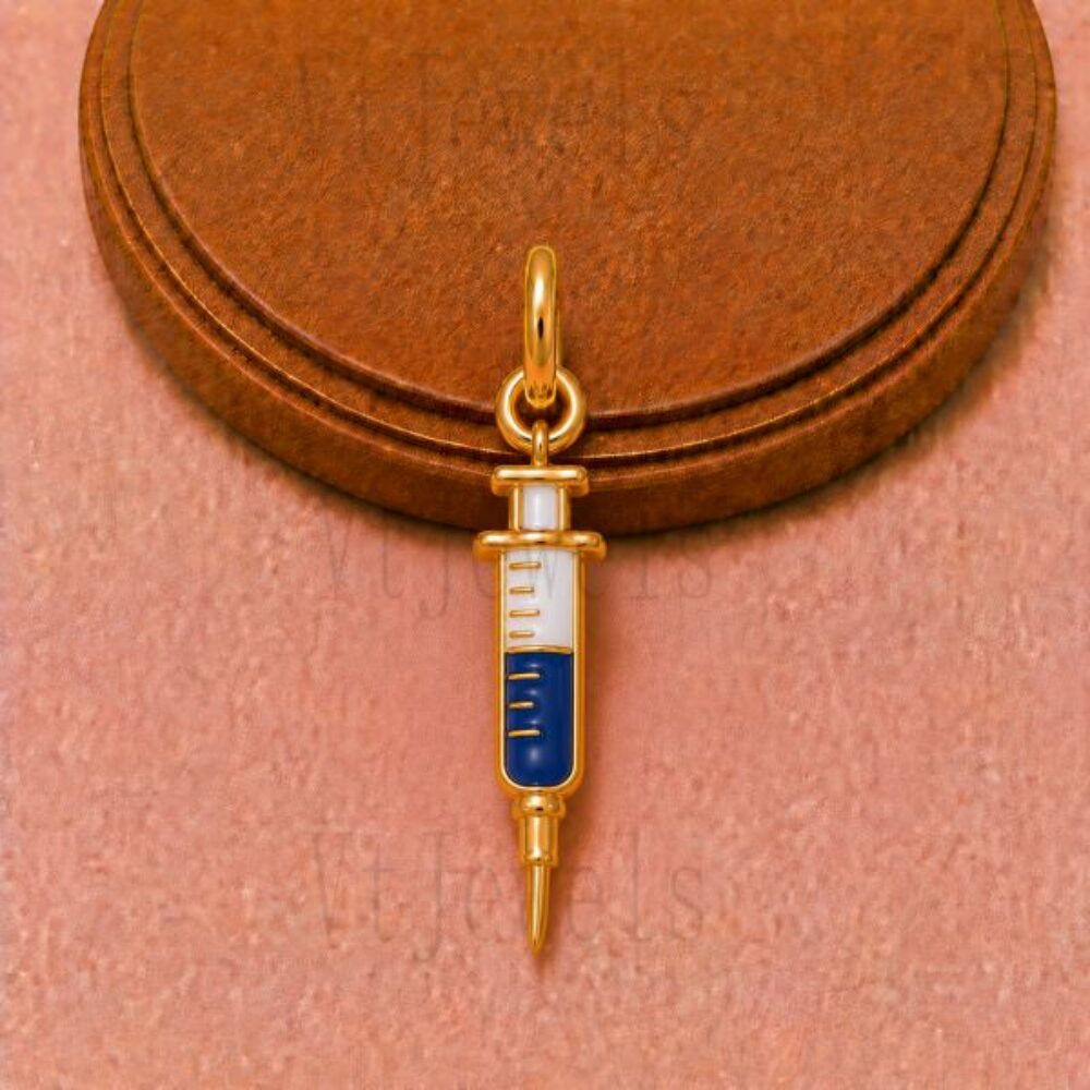 Gold Plated 925 Sterling Silver Medical Syringe Pendant Blue and White Enamel Charm