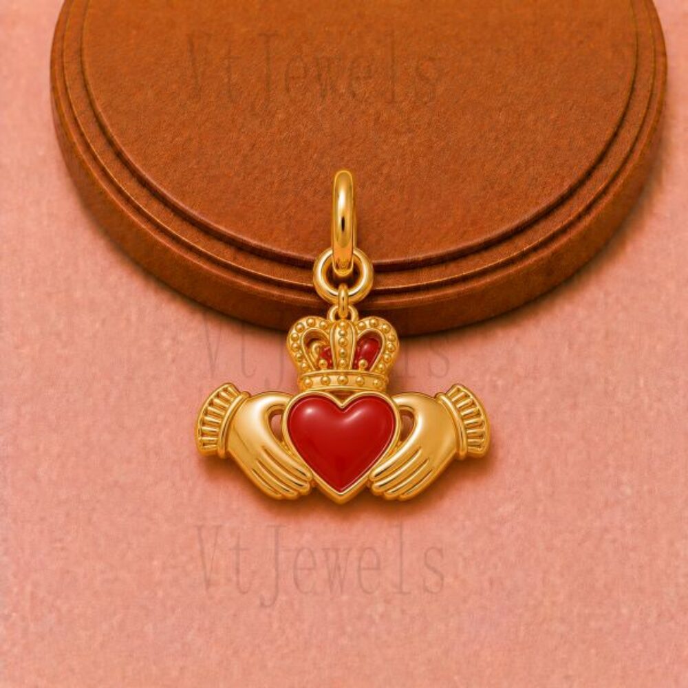 Gold Plated 925 Sterling Silver Red Enamel Claddagh Heart Pendant Charm
