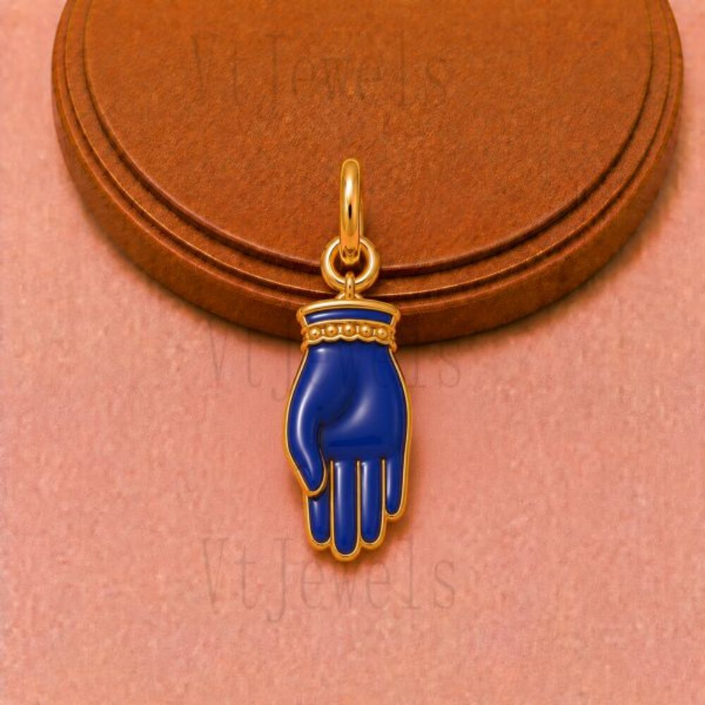Gold Plated 925 Sterling Silver Royal Blue Enamel Mano Figa Hand Pendant Charm