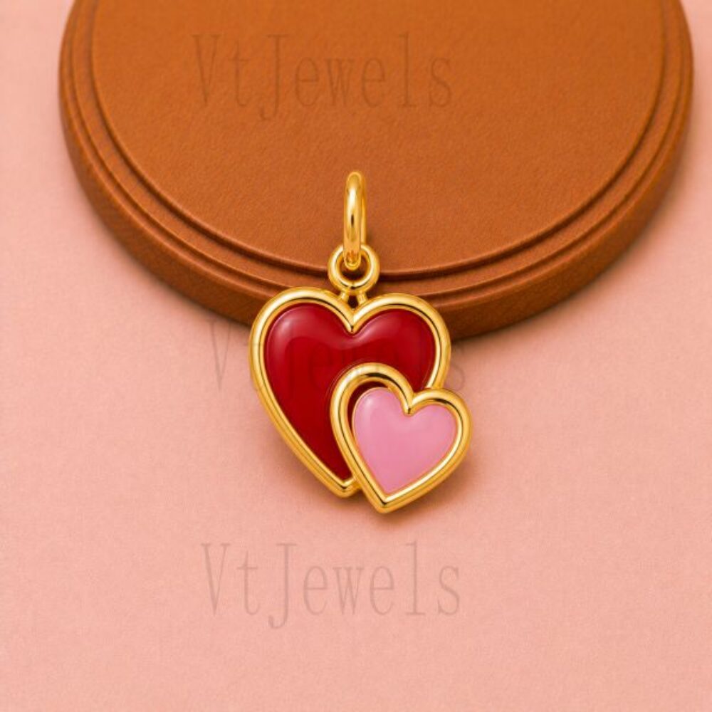 Gold Plated 925 Sterling Silver Red and Pink Enamel Double Heart Pendant Charm