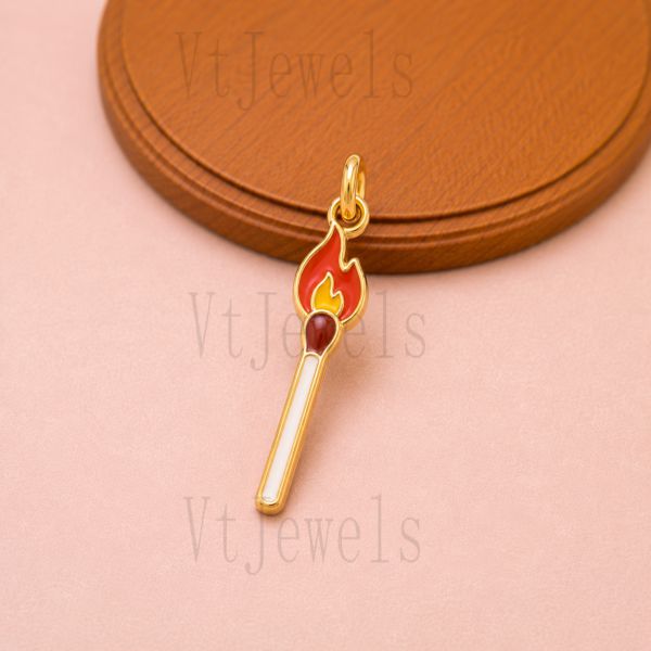 Gold Plated 925 Sterling Silver Lit Matchstick Flame Pendant Charm