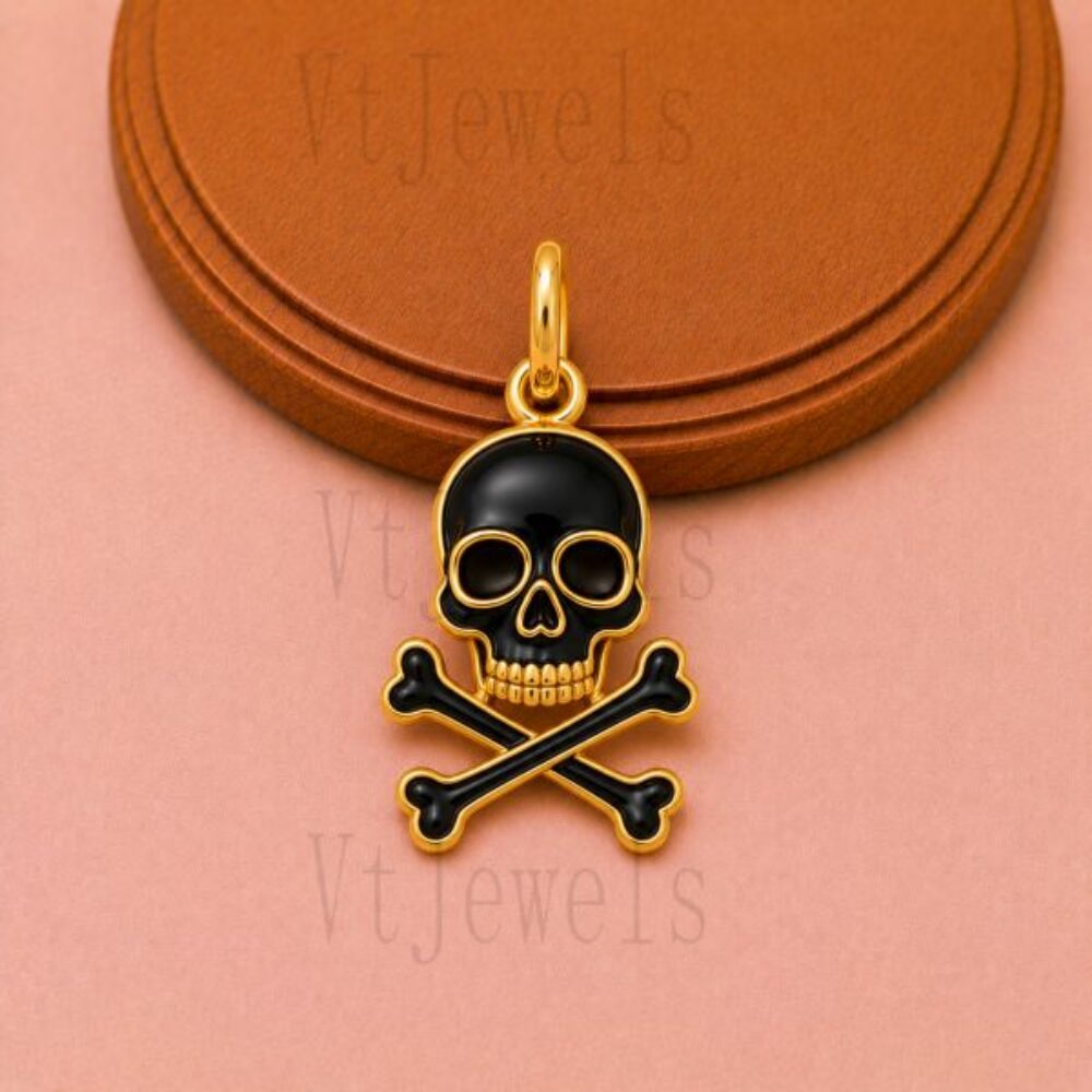 Gold Plated 925 Sterling Silver Black Enamel Skull and Crossbones Pendant Charm