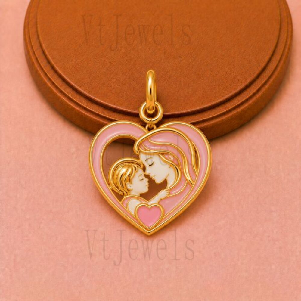 Gold Plated 925 Sterling Silver Mother and Child Heart Pendant Pink Enamel Charm